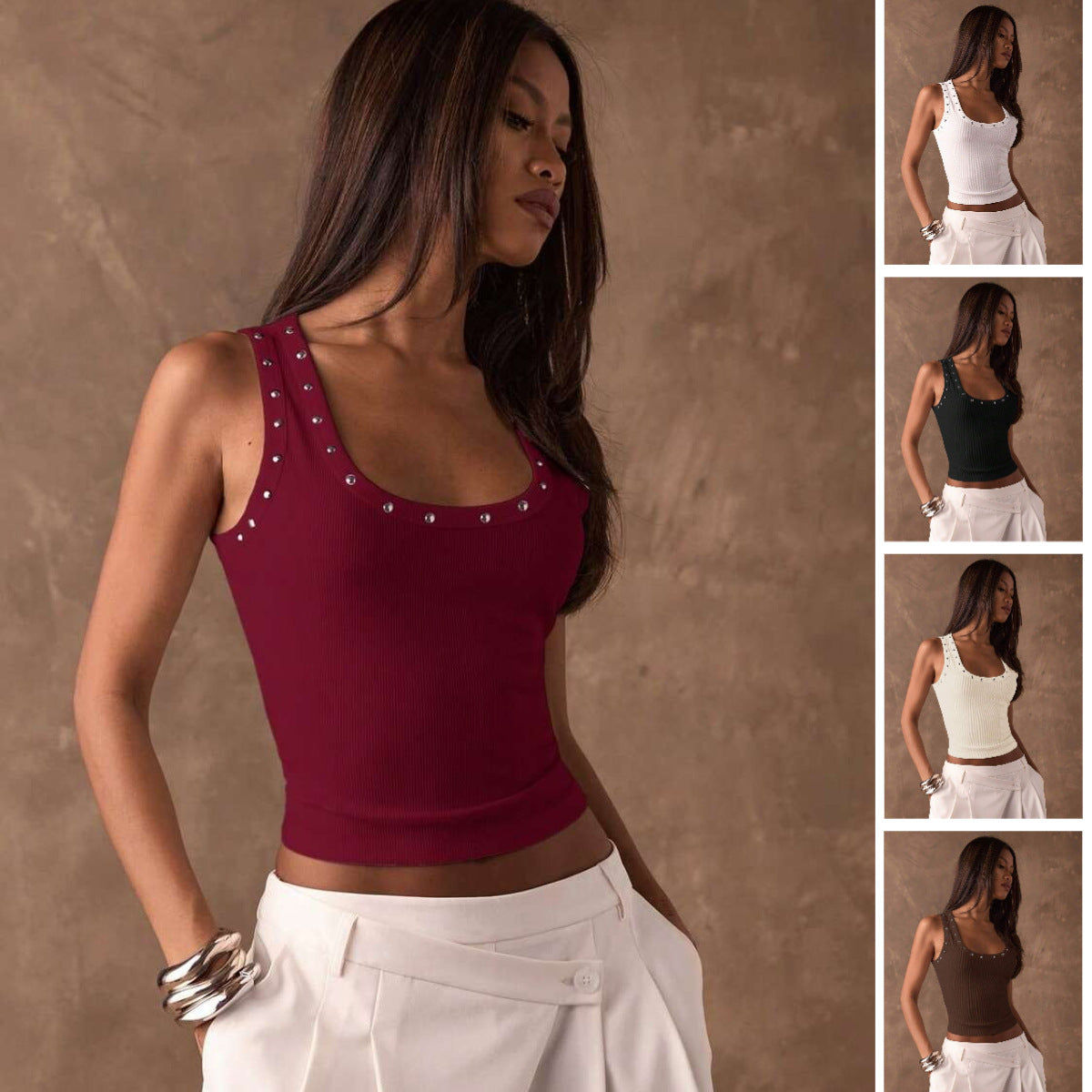Women's Hot Personalized Punching Rhinestone Slimming Sleeveless Outerwear Tops