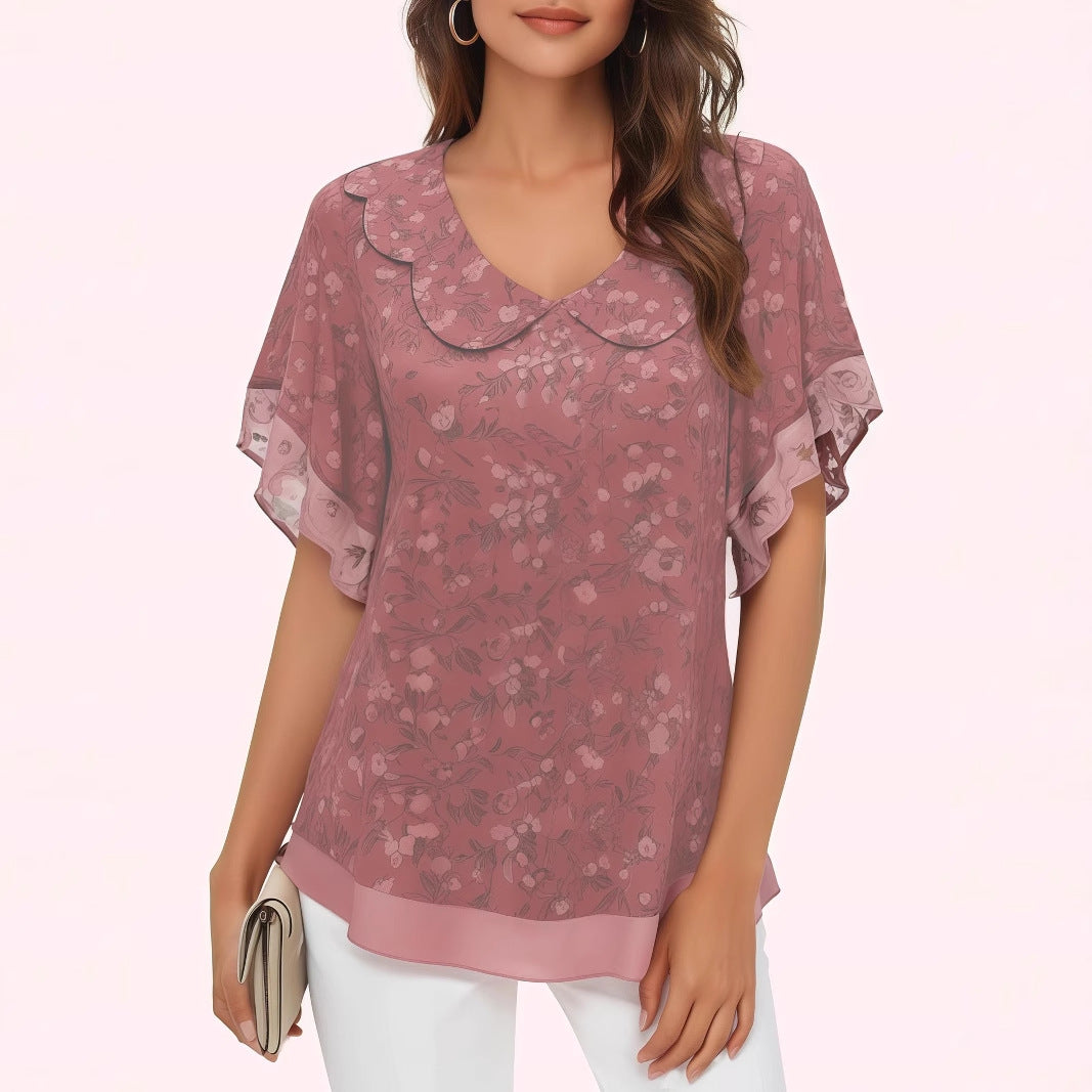 Women's Stringy Seedge Round Neck Printed Short-sleeved Lace Shirt, Chiffon Shirt