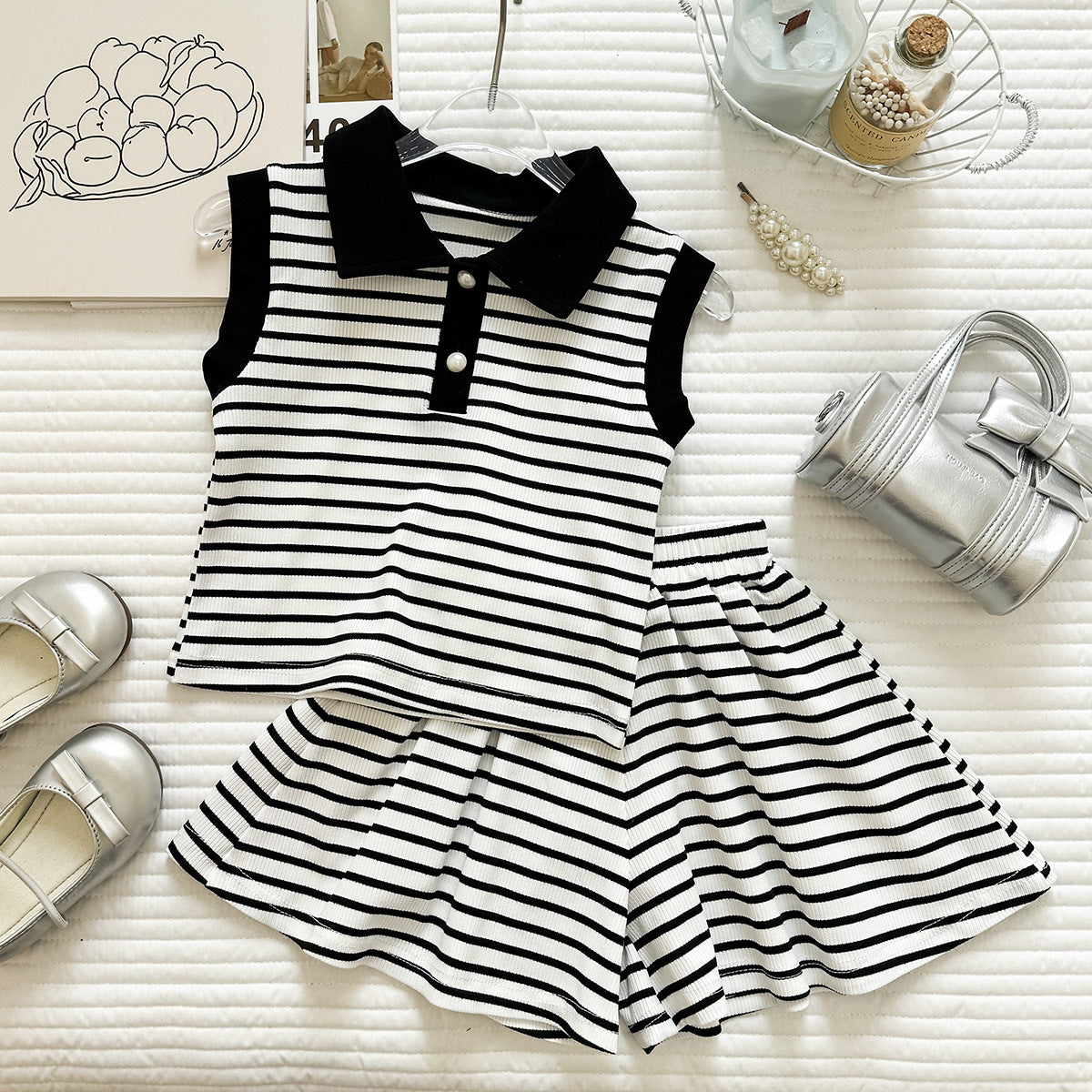 Children's Summer Striped Lapel Vest T-shirt Sleeveless Short Skirt Two-piece Children's Suit