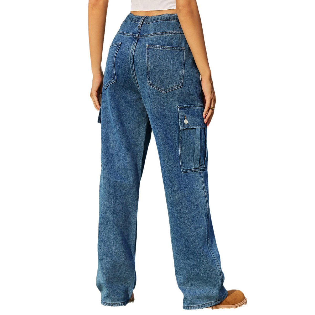 Women's Denim Drawstring Adjustable Washed Cargo Trousers Casual Pants