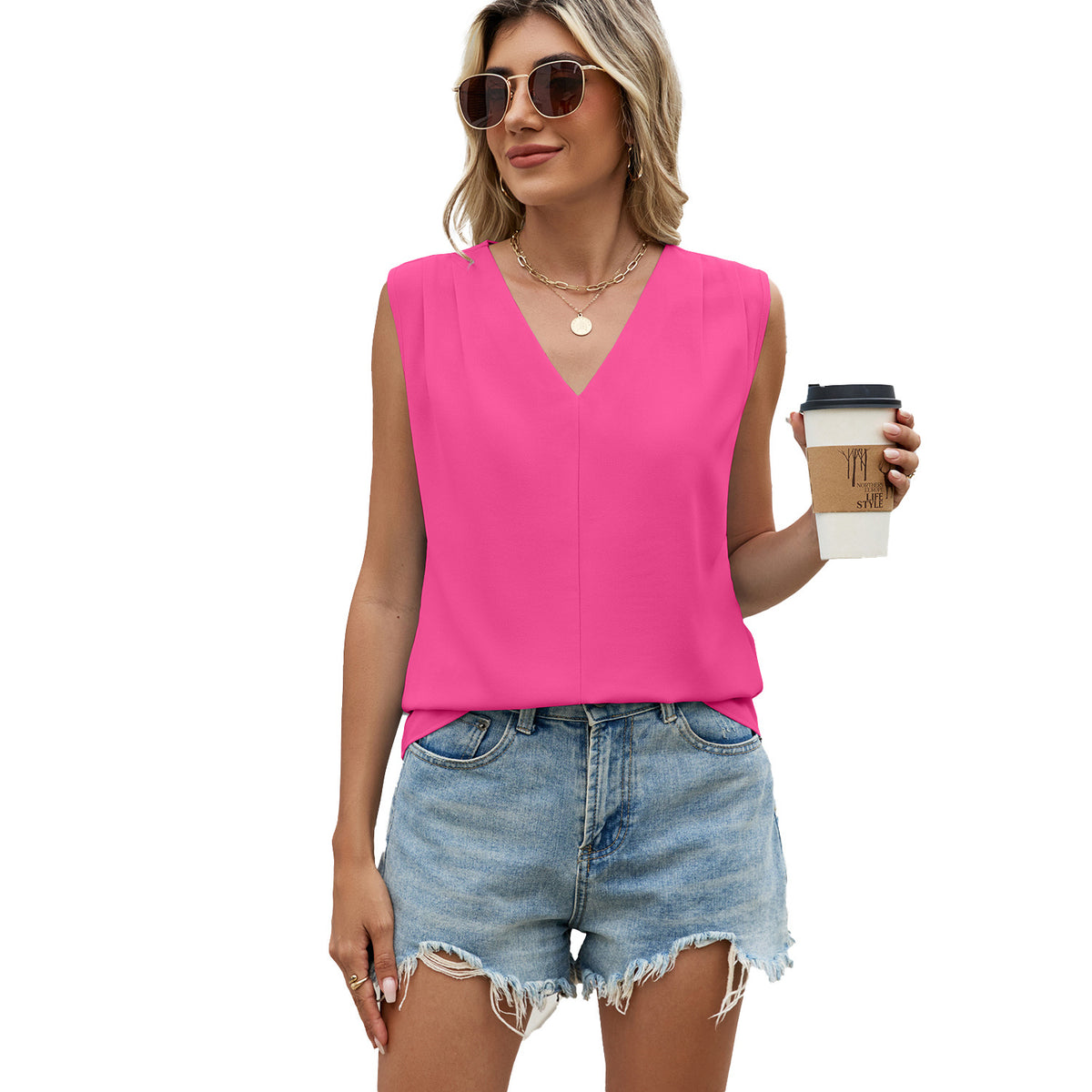 Summer Solid Color Loose Pleated Sleeveless Lace Shirt, Chiffon Shirt