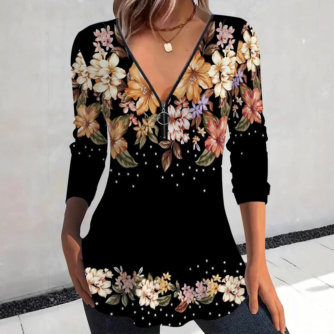 Women's Elegant Casual Zipper Floral Print Long Tops