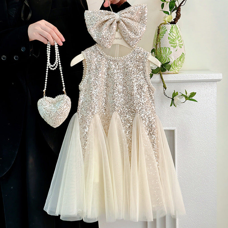 Children's Summer Western Style Fashion Pearl Sequined Children's Dress