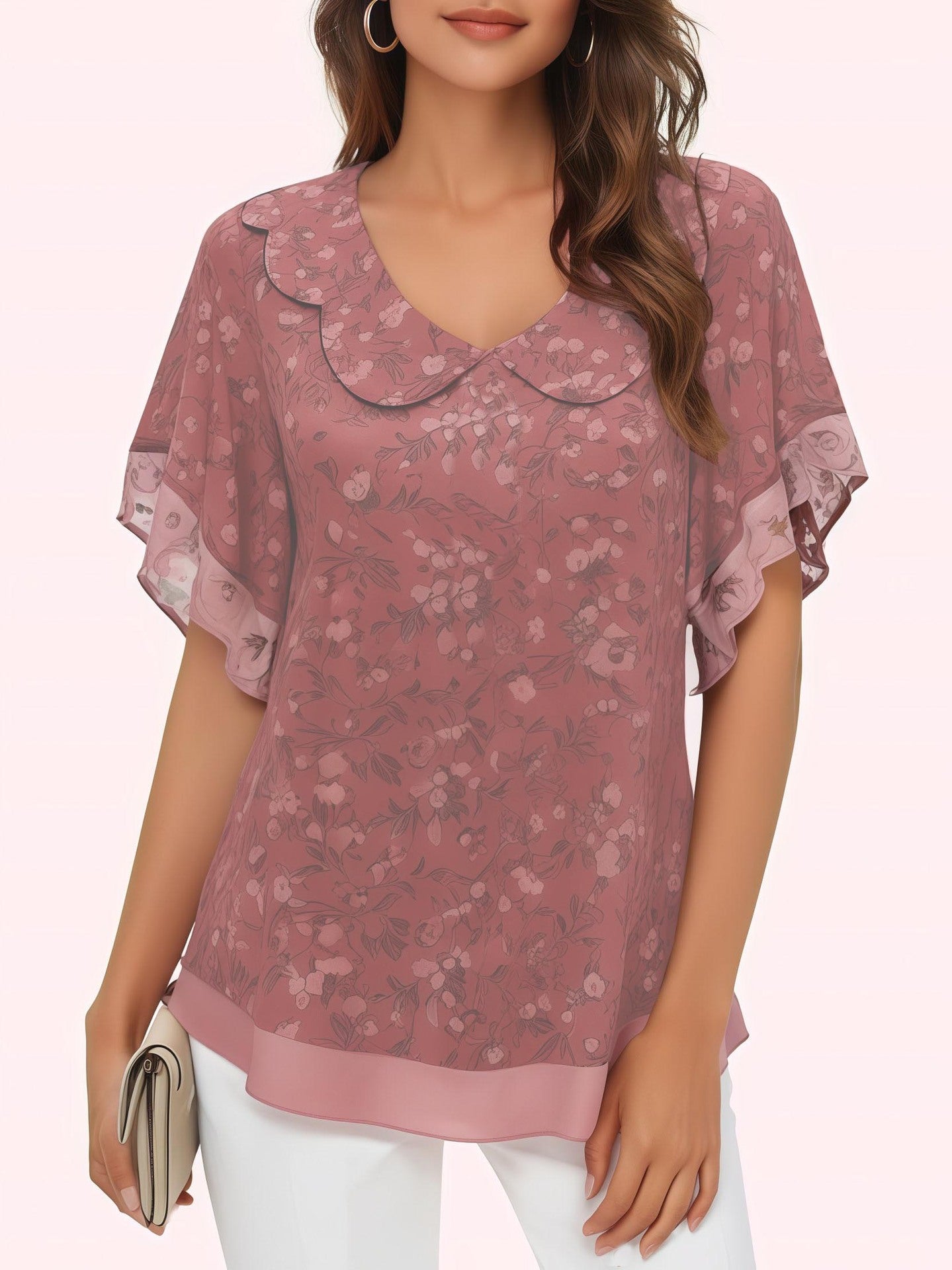 Women's Stringy Seedge Round Neck Printed Short-sleeved Lace Shirt, Chiffon Shirt