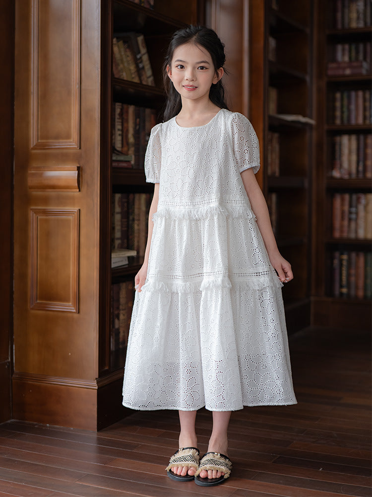 Hollow Embroidered White Cotton Summer Medium Children's Dress