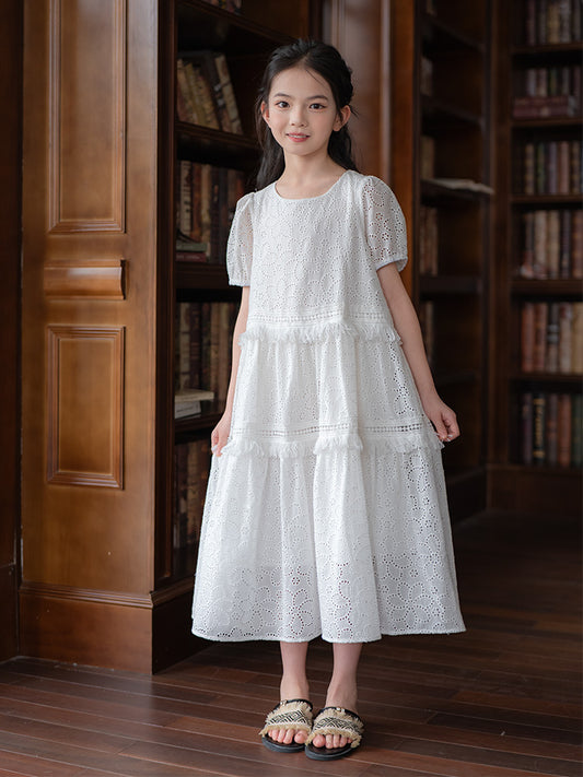 Hollow Embroidered White Cotton Summer Medium Children's Dress