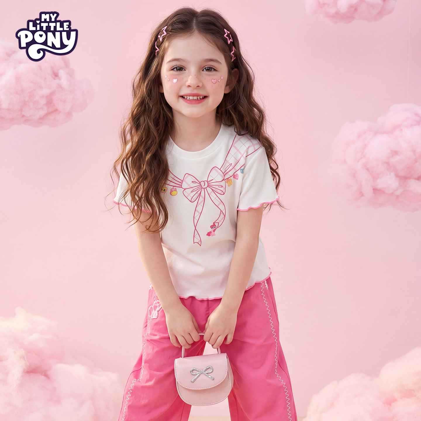 Children's Little Pony Short-sleeved Summer Plaid Contrast Color Top Children's T-shirt