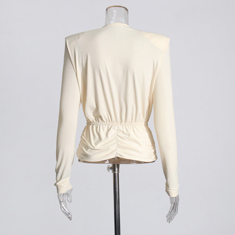 Women's Clothes Summer Fashion Swing Collar Padded Shoulder Pleating Slim Slimming Blouse