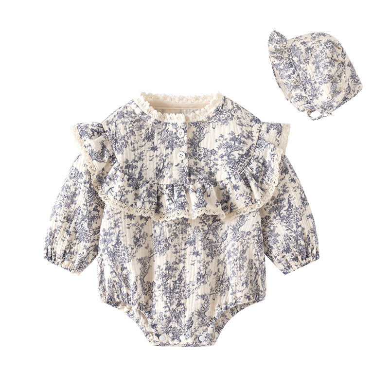 Cotton Gauze Ink Painting Rompers Long Sleeve Triangle Jumpsuit, Climbing Suit