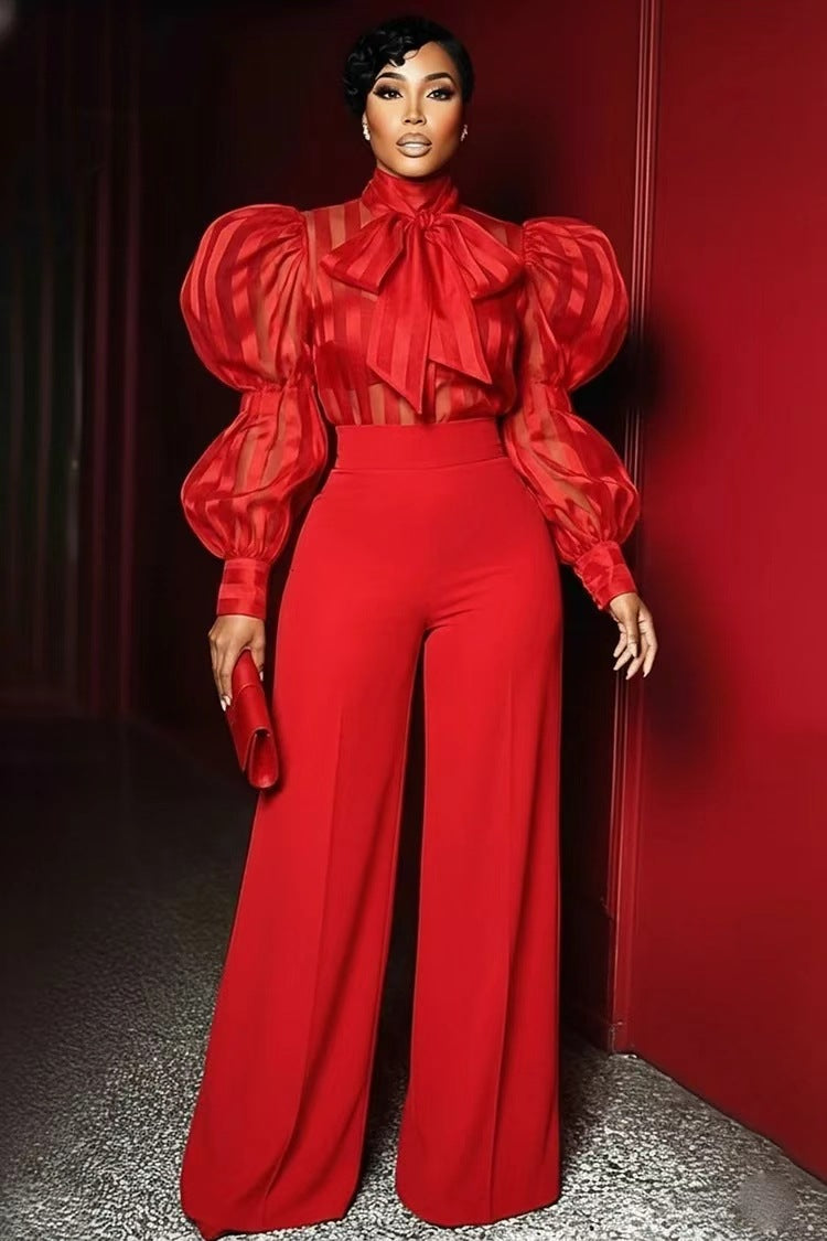 Women's Red Draping Mopping Slimming Trousers Casual Pants