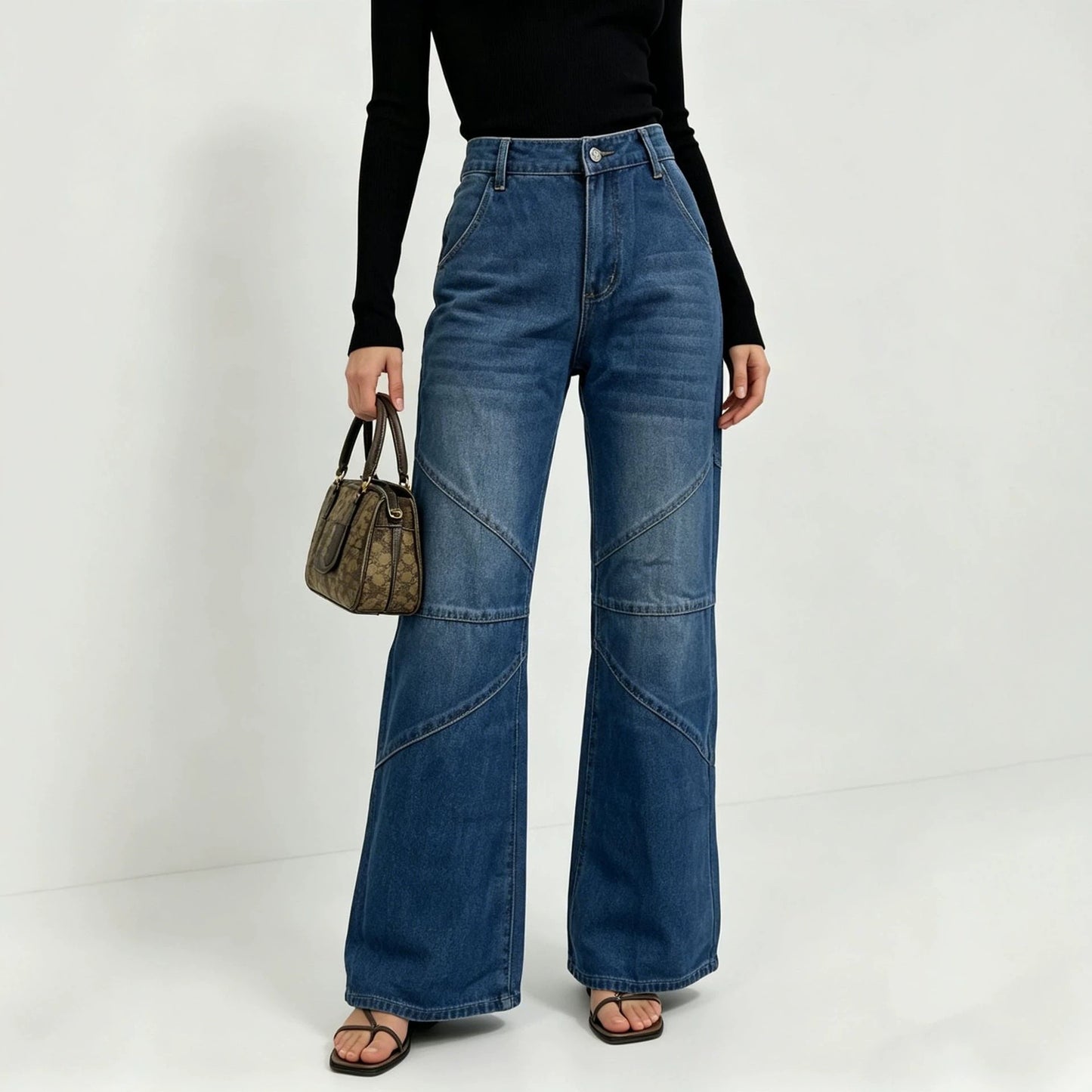 Women's Fashionable Pleated Washed High Street Straight Women's Jeans