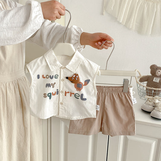Women's & Men's Boy Summer Sleeveless Shirt Outfit Cartoon Fashion Korean Style Western Children's Suit