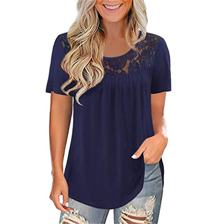 Women's Sleeve Lace Pleated Shirt Summer Waist Temperament Plus Size