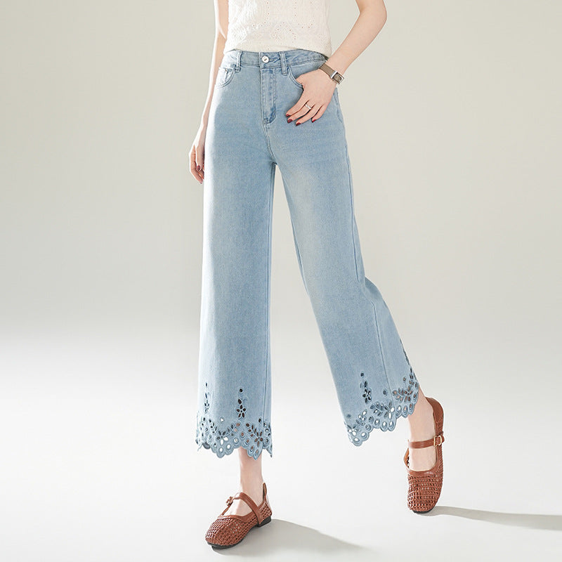 Women's Light Blue Embroidered Design Hollow Lace Narrow Version Pants