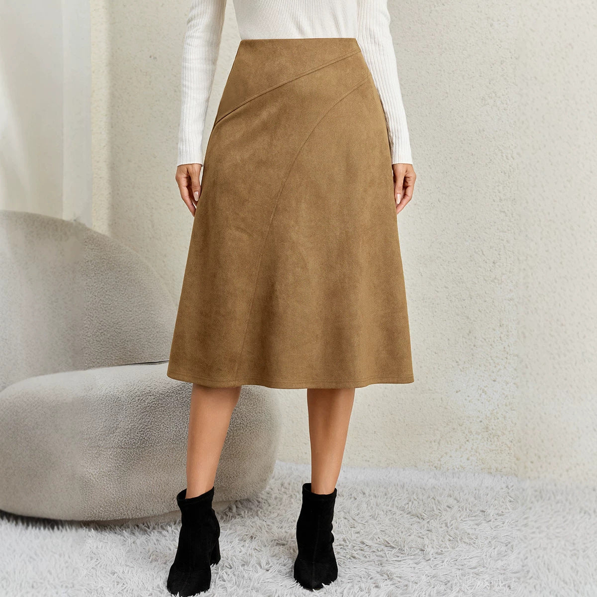 Women's Stitching High Waist Elastic Zipper A- Line Midi Skirt