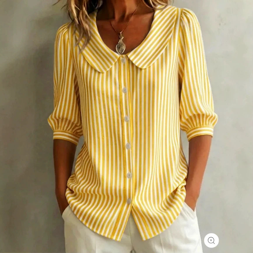 Women's Summer Doll Collar Striped Button Shirt Blouse