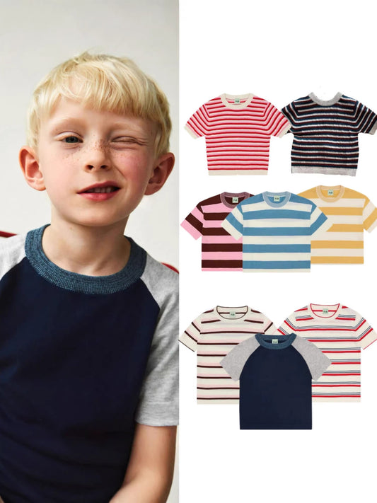 Graceful Wind Striped Color Matching Boys Children's T-shirt