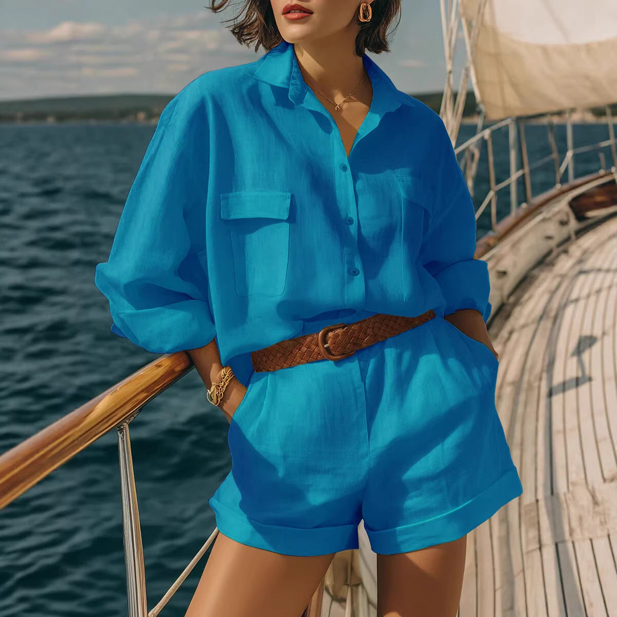 Women's Solid Color Loose Breasted Shirt Set Shorts