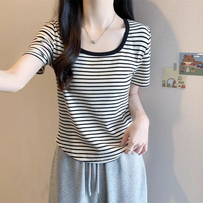 Women's Square Collar Striped Short-sleeved Summer Slim Fit Women's T-shirt
