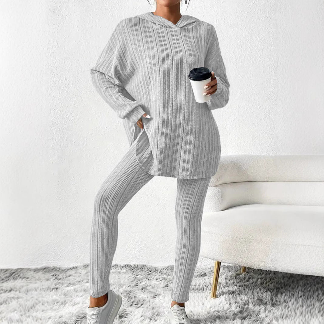 Women's Solid Color Long Sleeve Hooded Trousers Suits