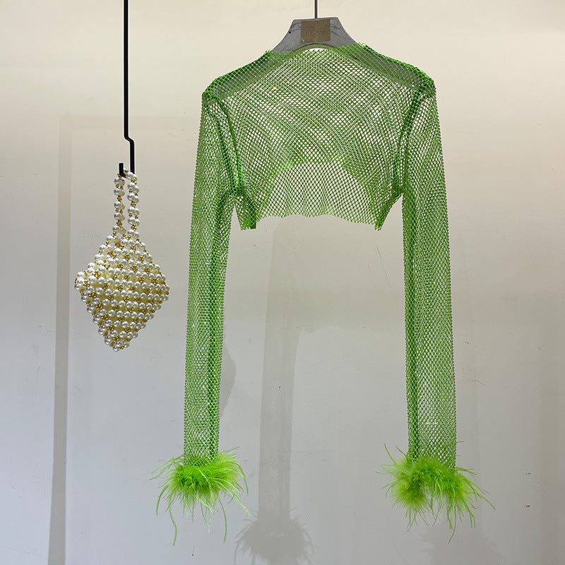Fashion Rhinestone Long Sleeve Shiny Cuff Ostrich Tops