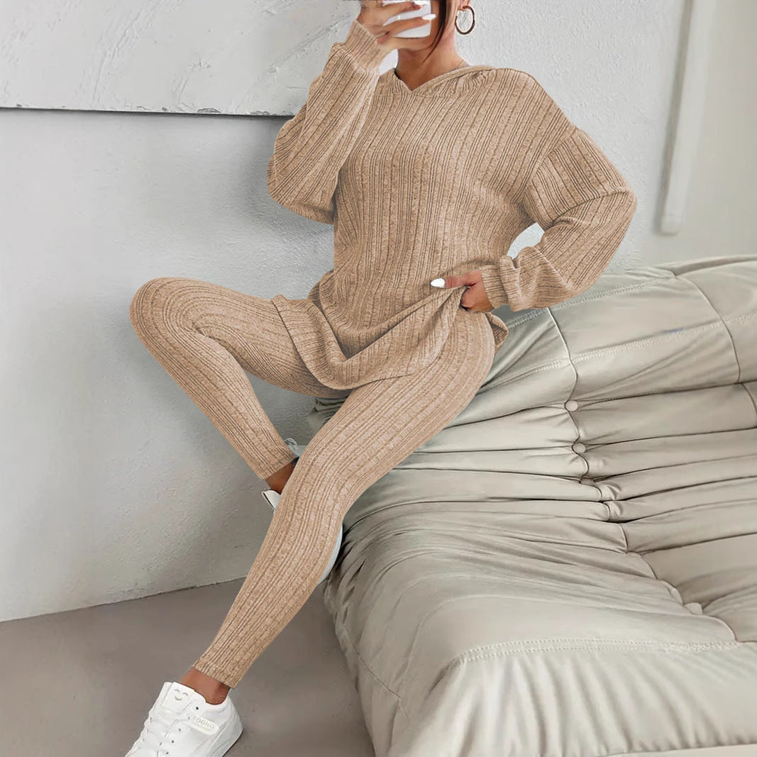 Women's Solid Color Long Sleeve Hooded Trousers Suits