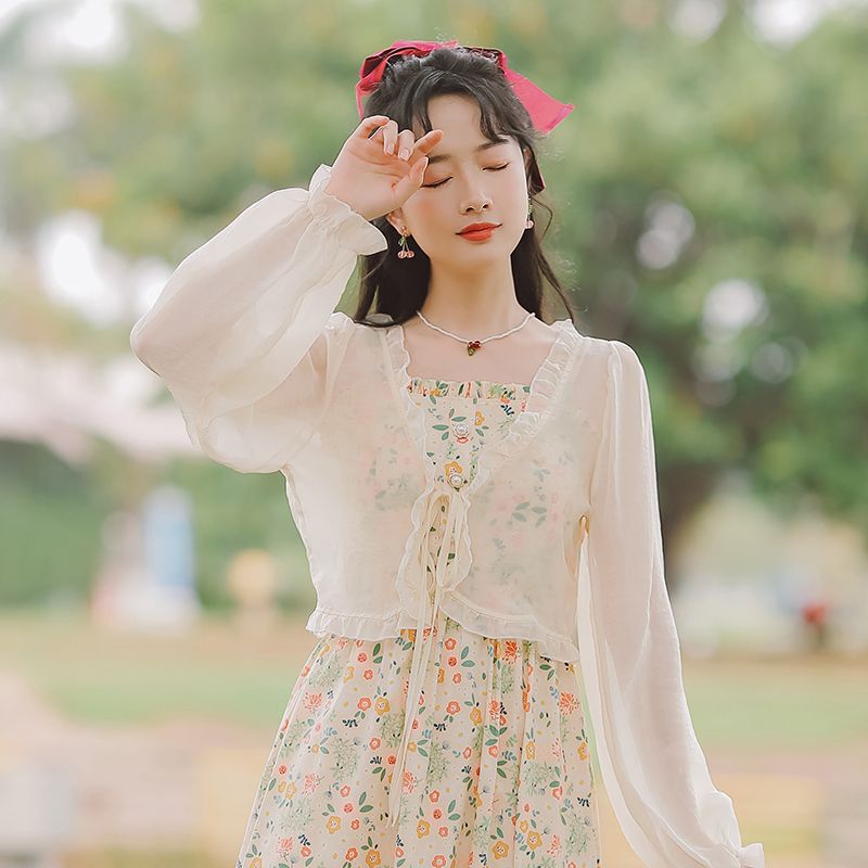 Women's Small With Suspenders Thin Shawl Outerwear Cover-up Lace Shirt, Chiffon Shirt