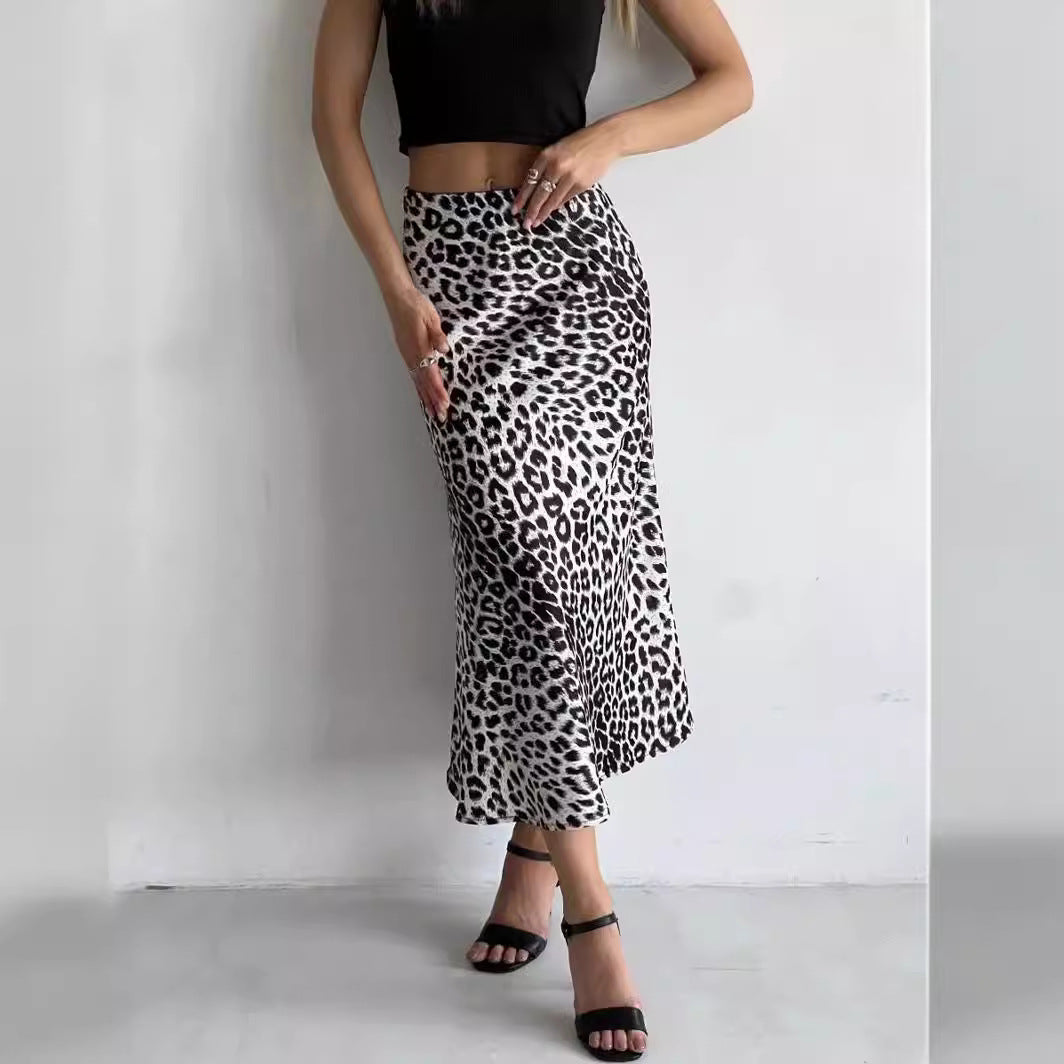 Satin Leopard Print Long Elastic Silky High Skirt