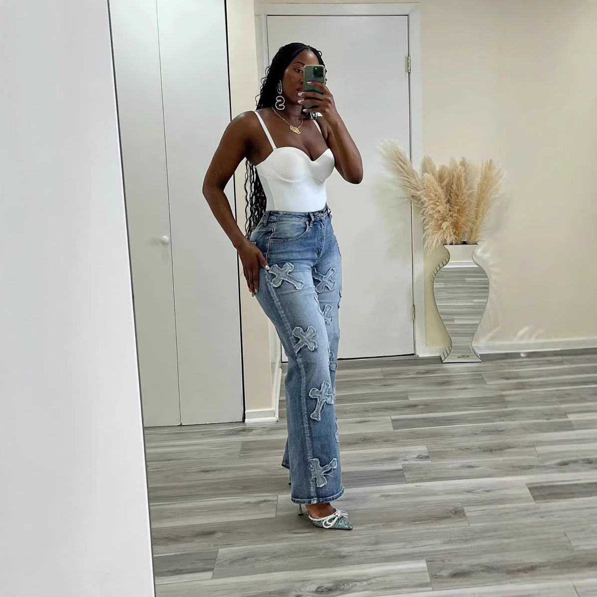 Women's Vintage Washed Denim Tassel Cross Patch Women's Jeans
