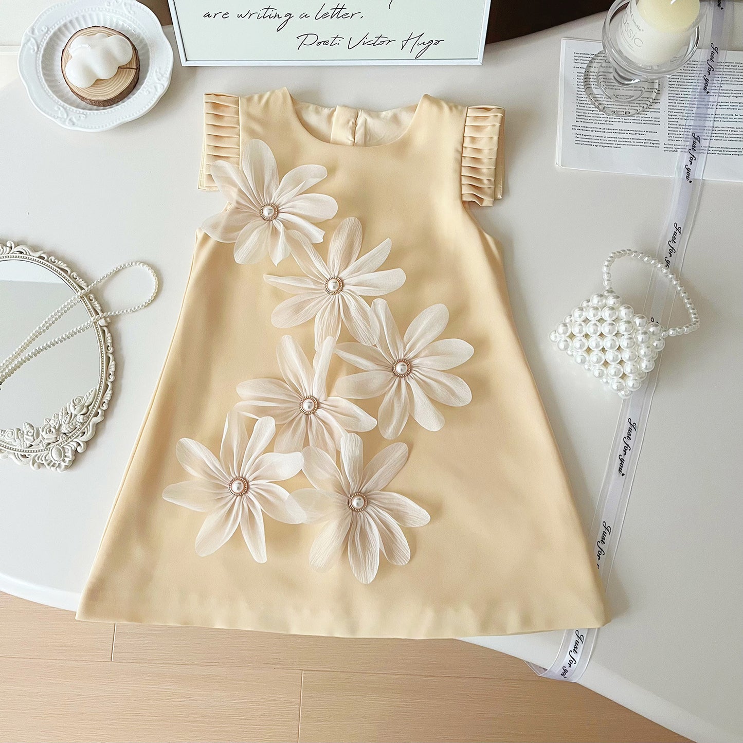 Flower Pleated Flounced Sleeve Long Elegant Children's Dress