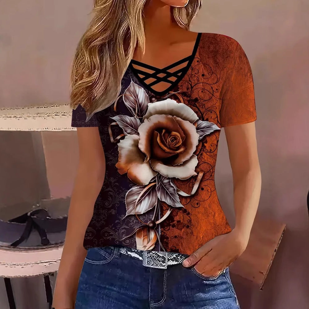 Women's Cross Striped Elegant Casual Short-sleeved Women's T-shirt