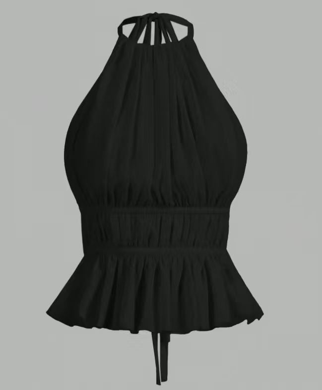 Women's Sweet Spicy Chiffon Solid Color Round Neck Pleated Halter Tops