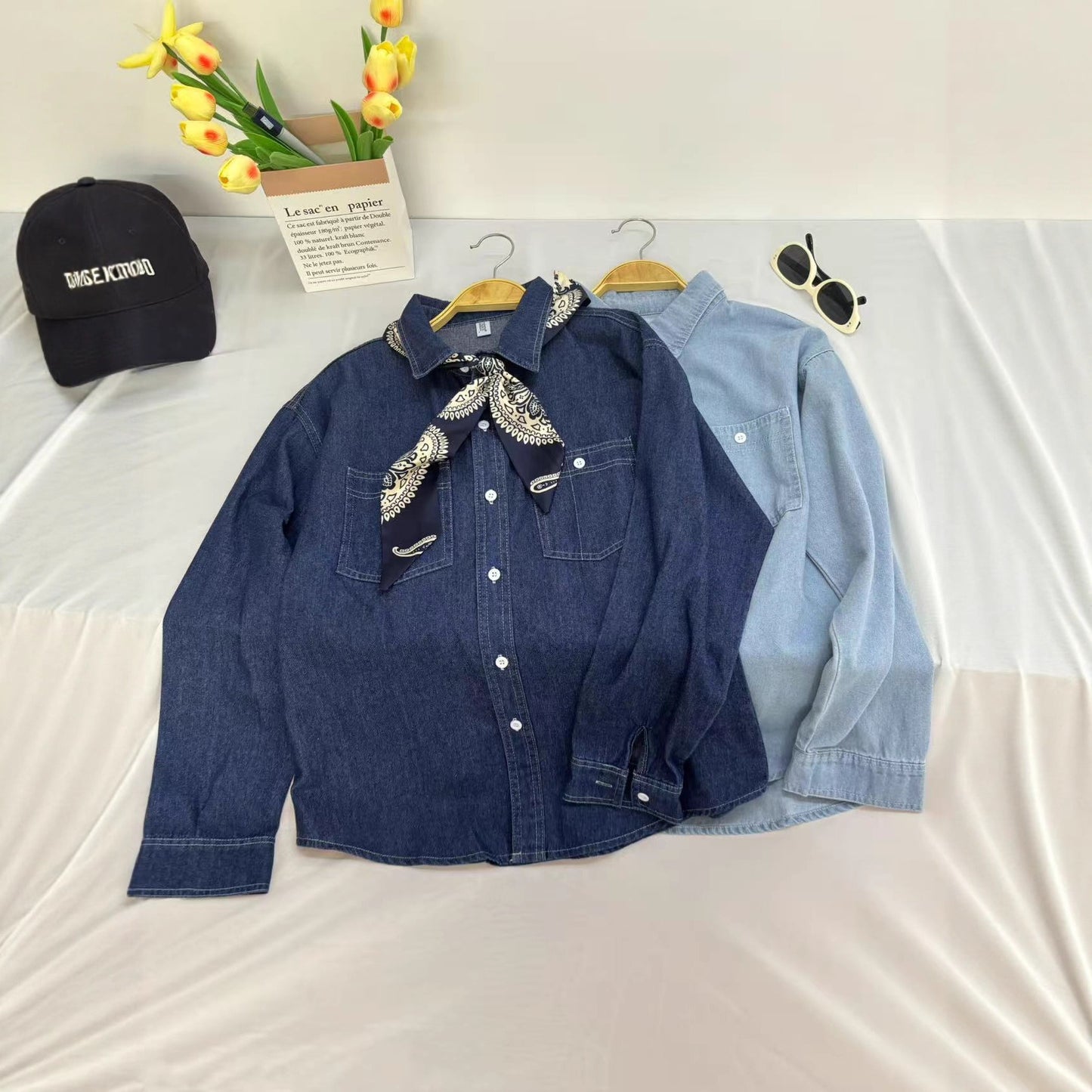 Women's Solid Color Denim Shirt Long Sleeve Blouse