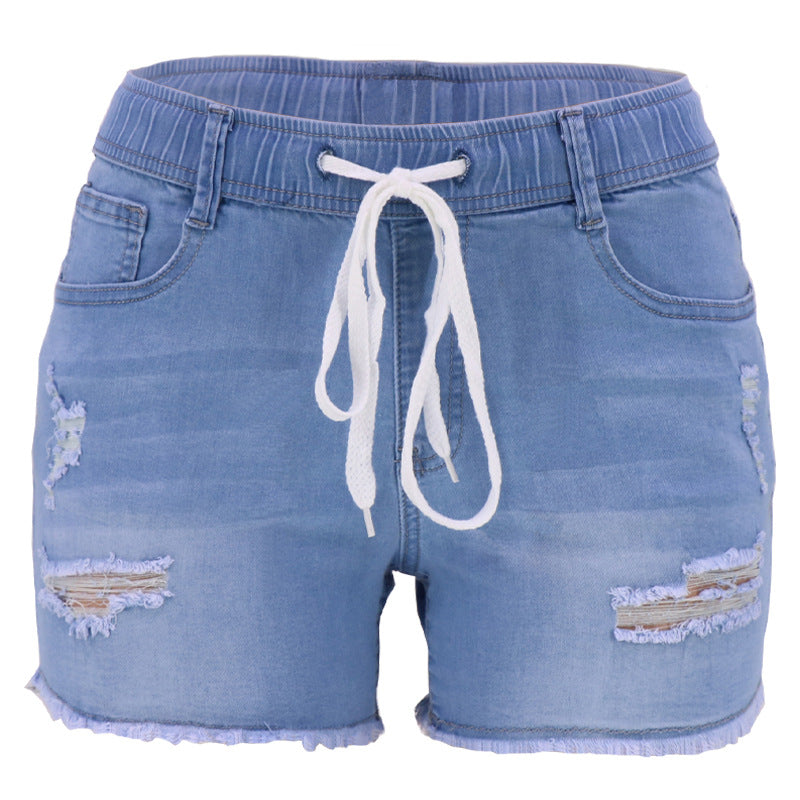 Women's Summer Elastic Rope High Waist Slim Hole Jeans