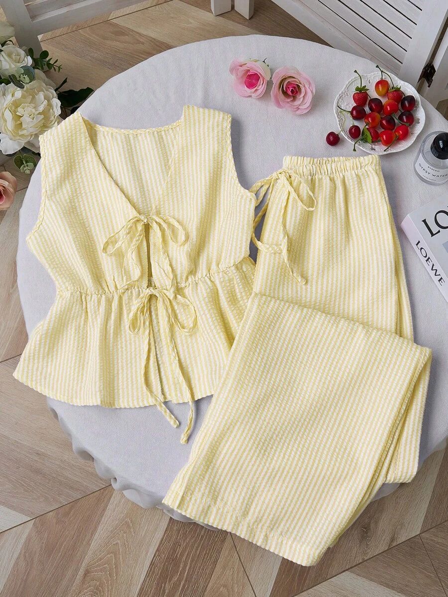 Color Striped Lace Up Wild Loose Trousers Fashion Casual Suit