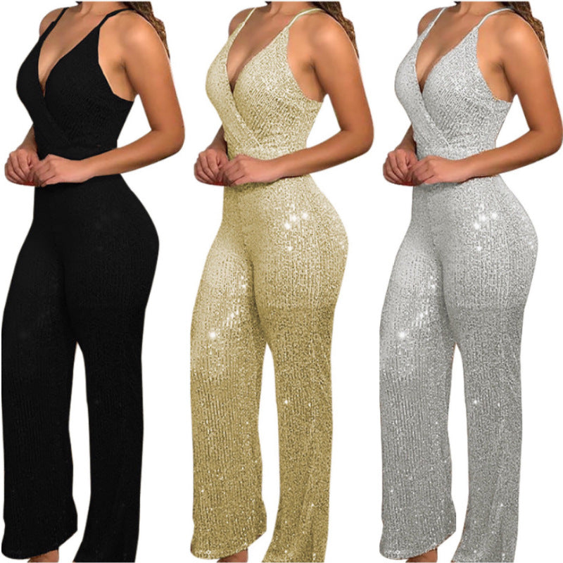 Women's Fashion Wear Sexy Tight Sequined Suspender Slim Fit Casual Pants