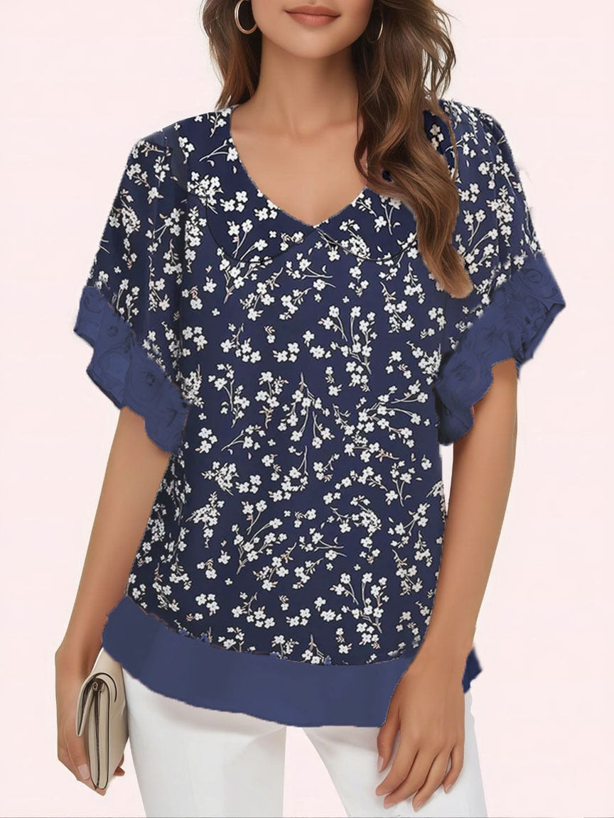 Women's Stringy Seedge Round Neck Printed Short-sleeved Lace Shirt, Chiffon Shirt