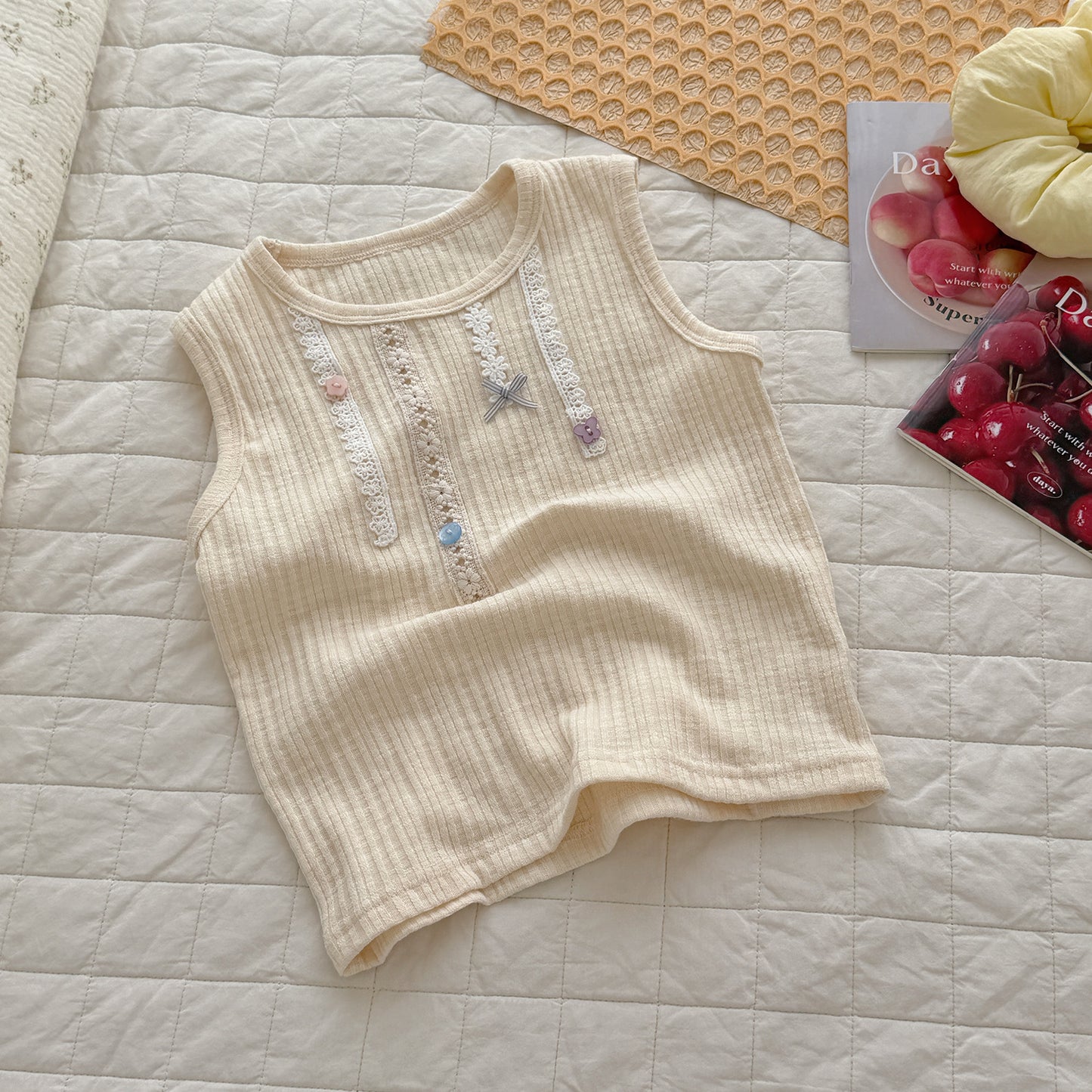 Children's Bassa Bamboo Joint Sunken Stripe Exquisite Cotton Lace Color Children's T-shirt