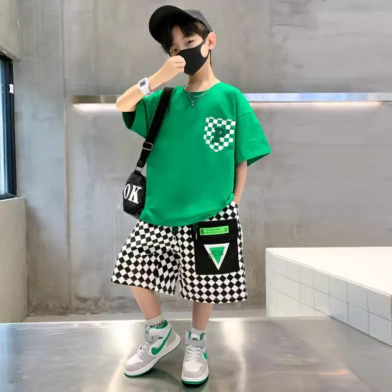 Children's Boy Summer Thin Middle Big Short Sleeve Two-piece Handsome Fashionable Children's Suit