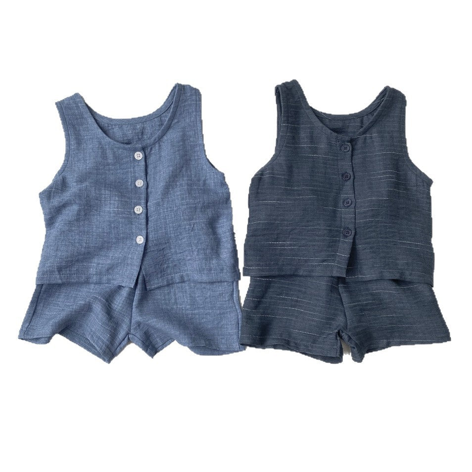 Children's Fashion Dyed Cotton Knit Double-sided Woven Sleeveless T-shirt Children's Suit