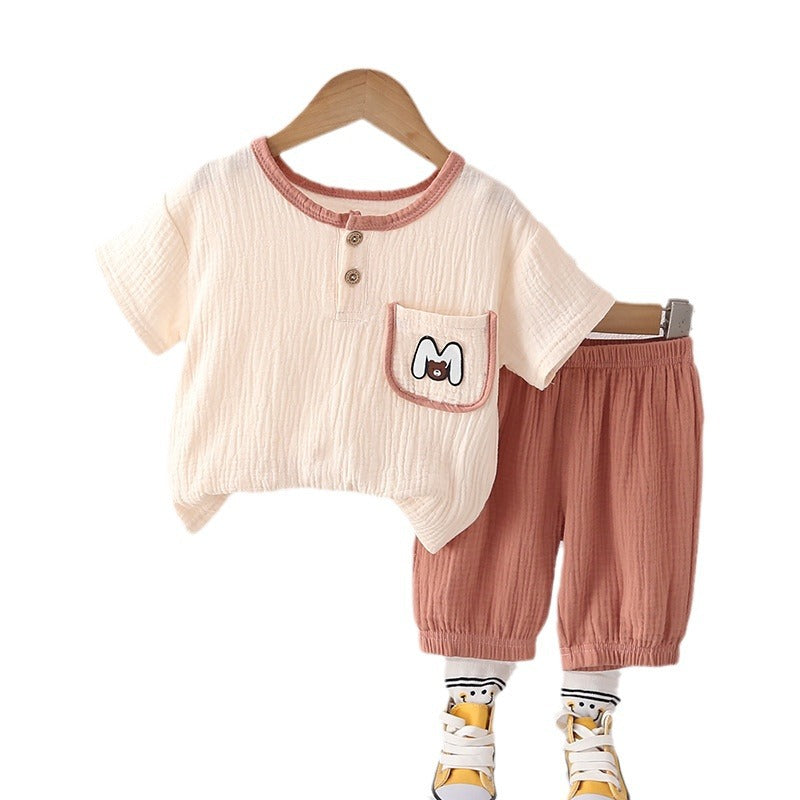 Children's Clothing Solid Color Cotton Cloth Short Sleeve Two-piece Children's Suit