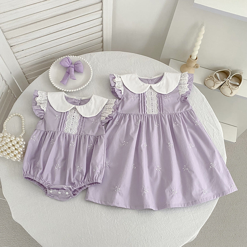 Bow Lace Flounced Sleeve Princess Romper Sisters Children's Dress