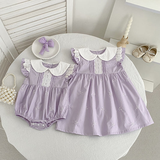 Bow Lace Flounced Sleeve Princess Romper Sisters Children's Dress