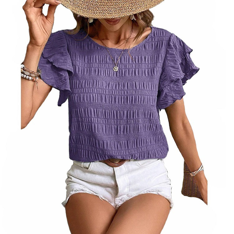 Women's Round Neck Double Ruffle Sleeve Casual Tops