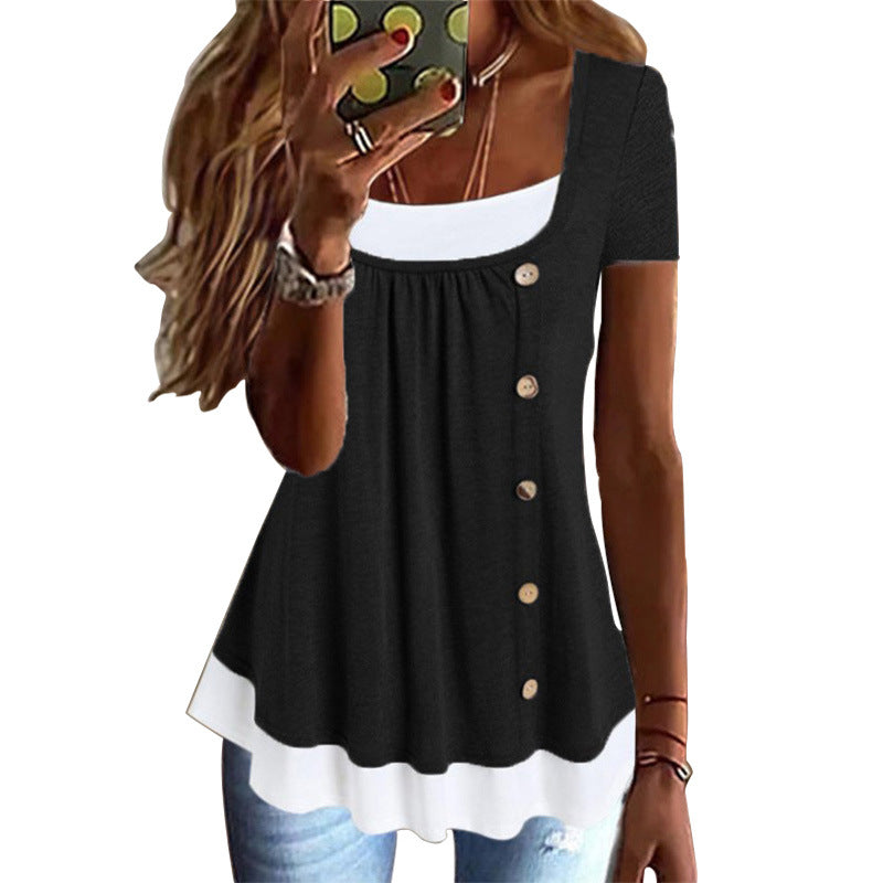 Women's Summer Round Neck Loose Pleated Button Two-piece Women's T-shirt