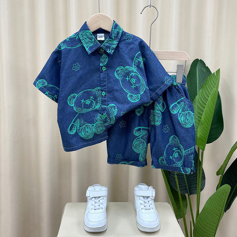 Children's Clothing Denim Short Sleeve Shirt Outfit Trendy Handsome Clothes Children's Suit