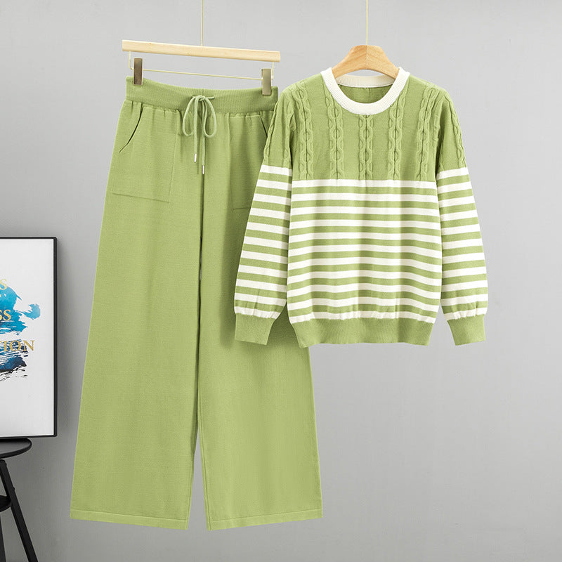 Women's Elegant Striped Pullover Cable Loose-fitting Wide Leg Pants