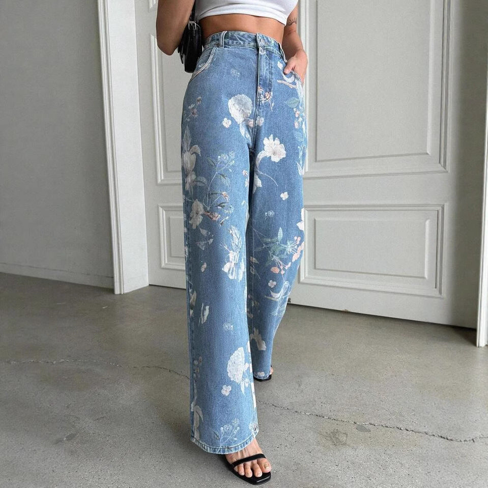 Women's Retro Blue Floral Printed Summer Design High Pants