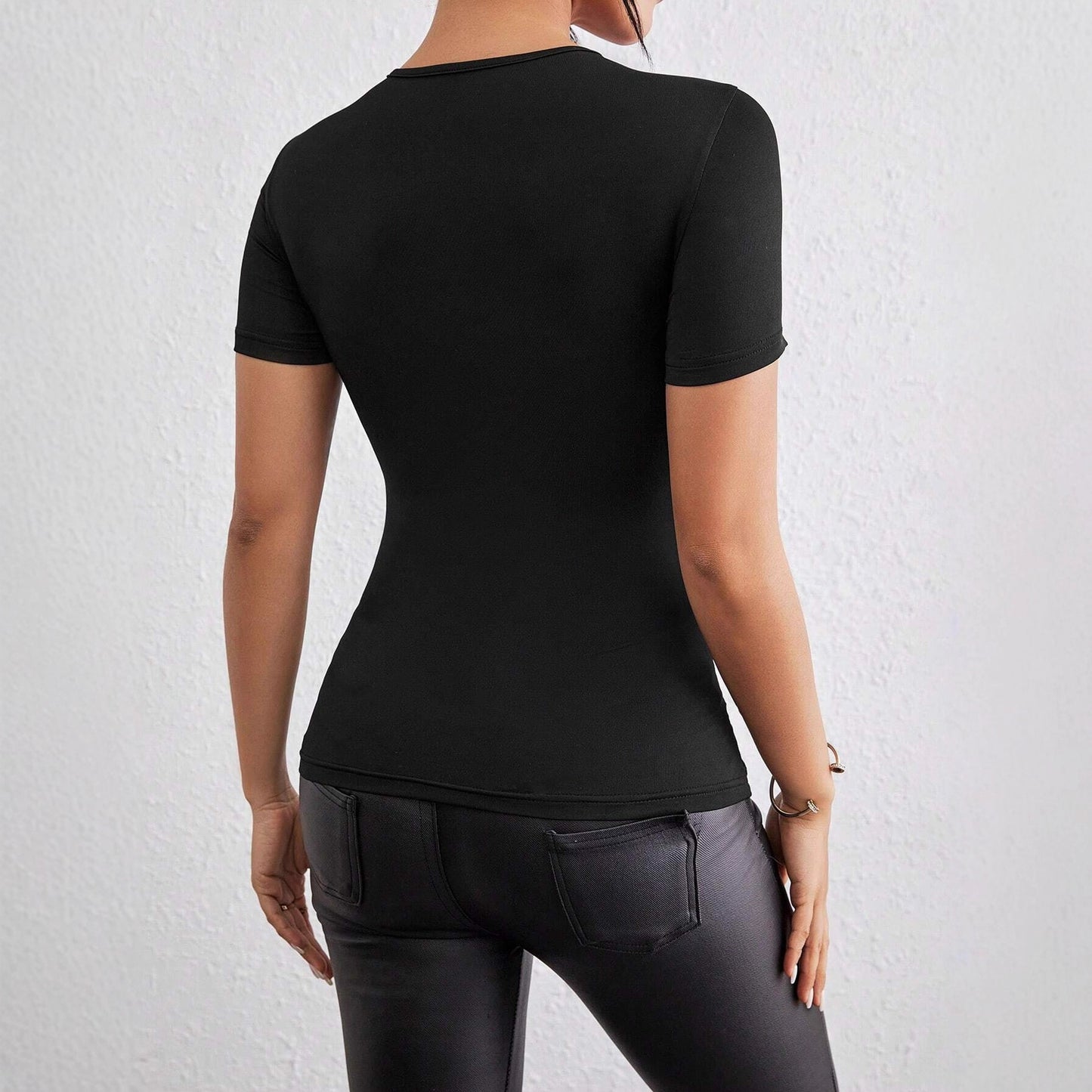 Solid Color Slim Fit Sexy Cross Design Hollow Women's T-shirt
