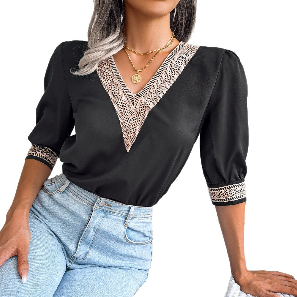 Durable Women's Clearance Temperament Half Sleeve Lace Shirt, Chiffon Shirt